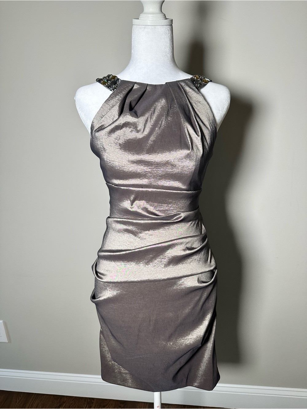 Cache Metallic Gray Halter Sheath Dress with Embellished Shoulders